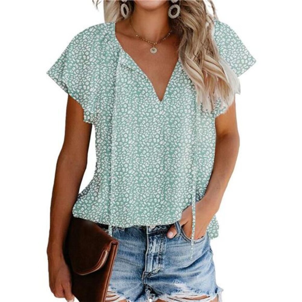 Women's Casual Floral Print V Neck Ruffle Short Sleeve Summer Shirts Tops